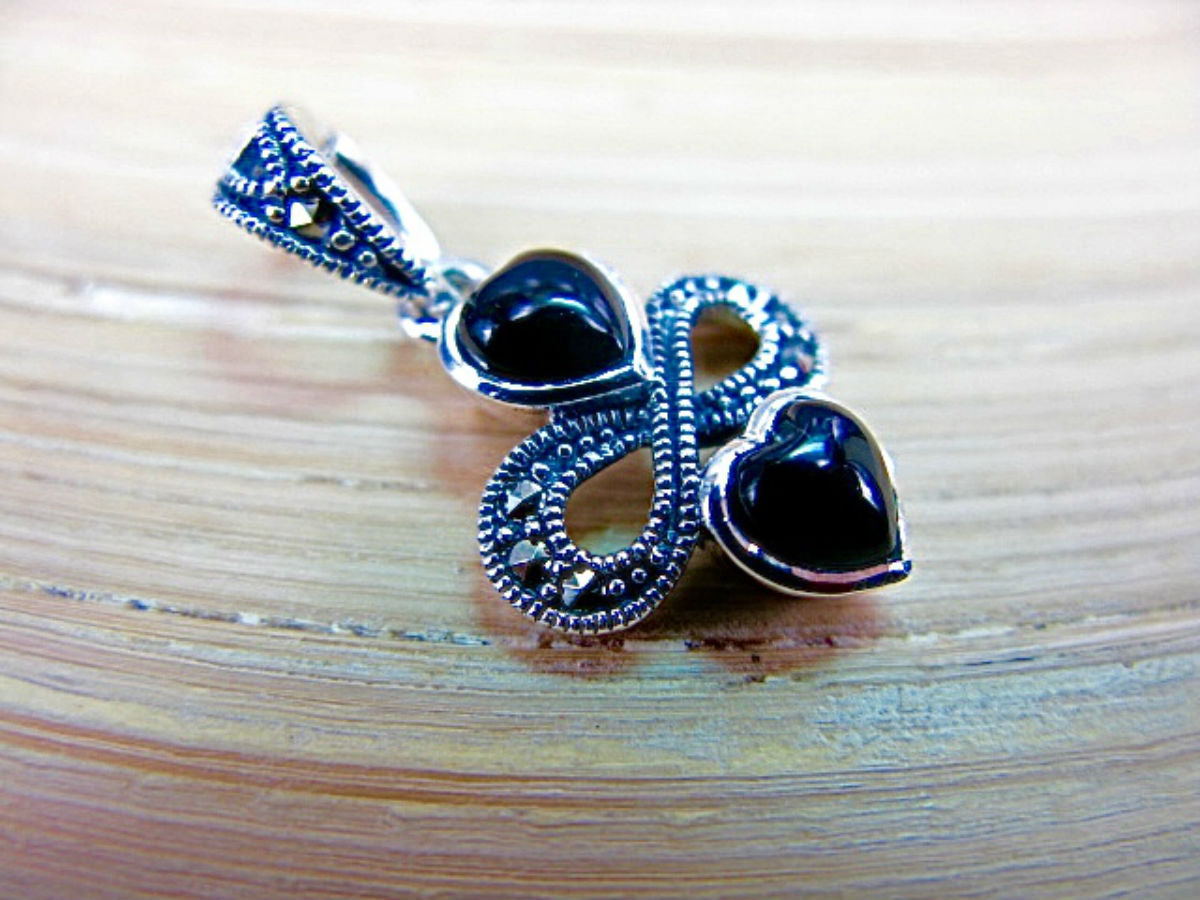 Double Hearts Onyx Marcasite 925 Sterling Silver Pendant