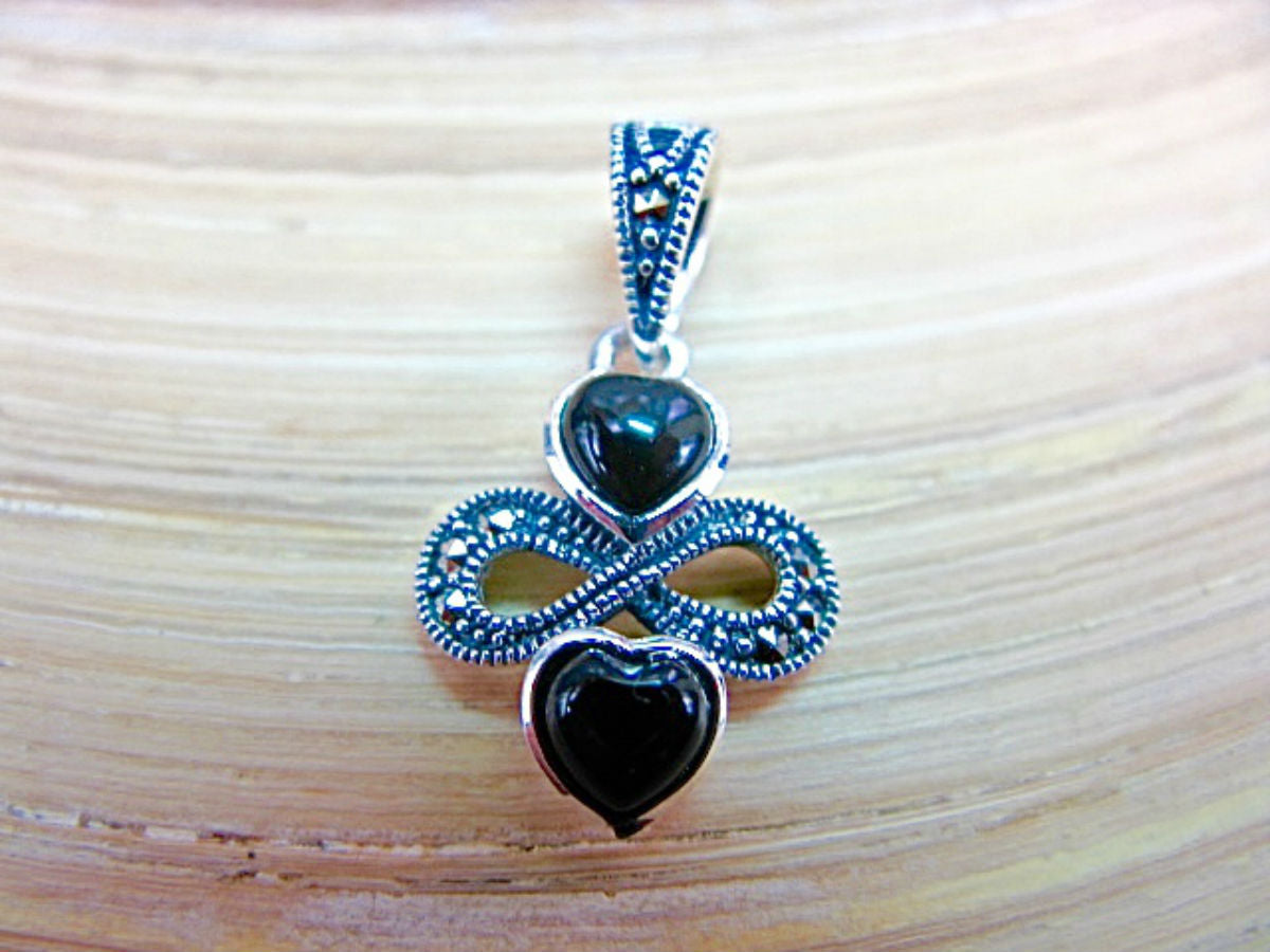 Double Hearts Onyx Marcasite 925 Sterling Silver Pendant