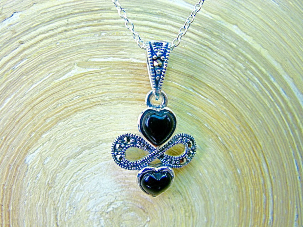 Double Hearts Onyx Marcasite 925 Sterling Silver Pendant