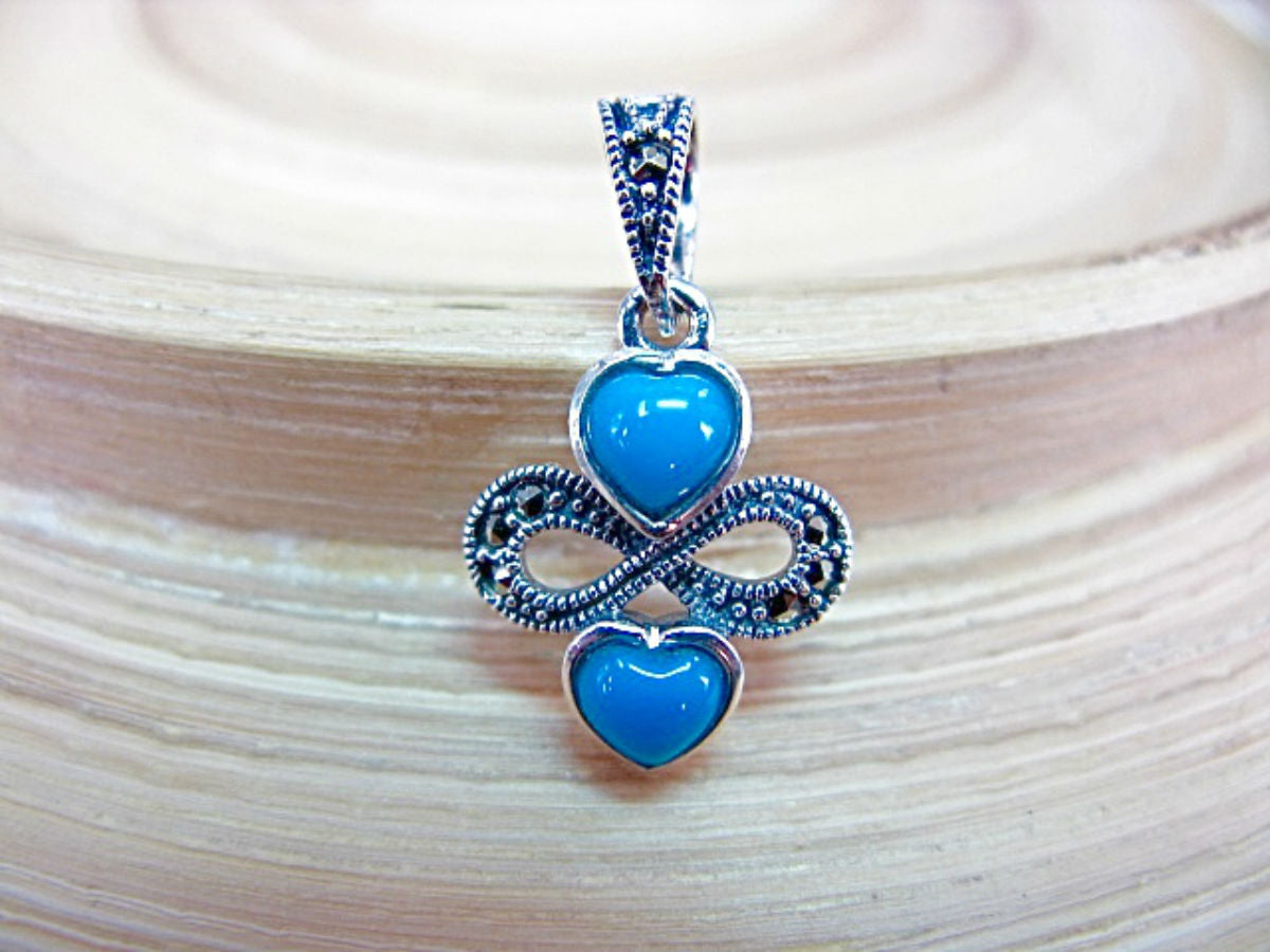 Double Hearts Turquoise Marcasite 925 Sterling Silver Pendant