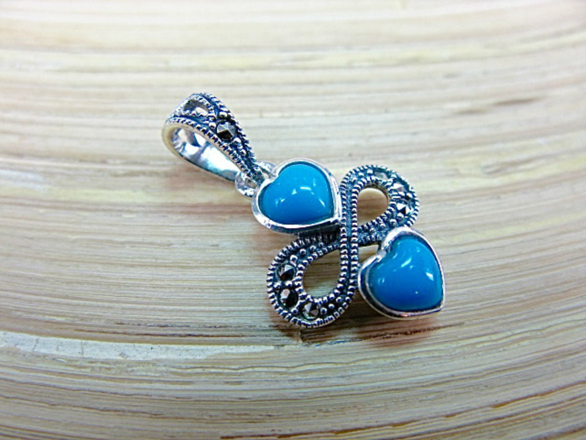 Double Hearts Turquoise Marcasite 925 Sterling Silver Pendant