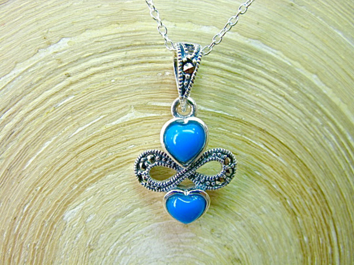 Double Hearts Turquoise Marcasite 925 Sterling Silver Pendant