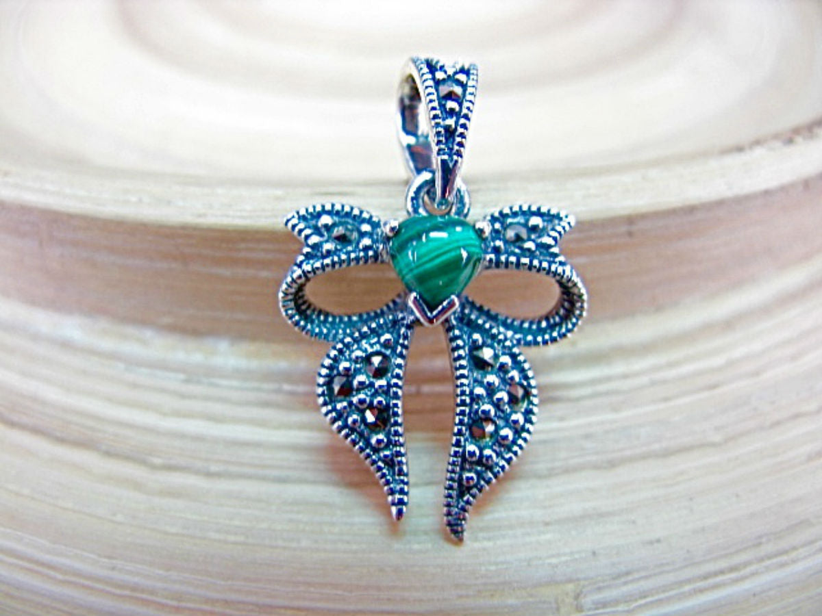 Ribbon Bow Marcasite Malachite 925 Sterling Silver Pendant