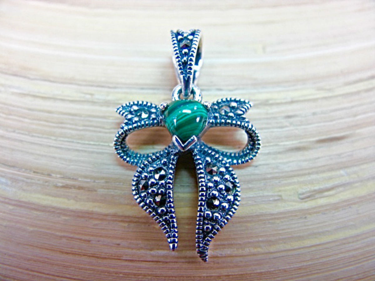Ribbon Bow Marcasite Malachite 925 Sterling Silver Pendant
