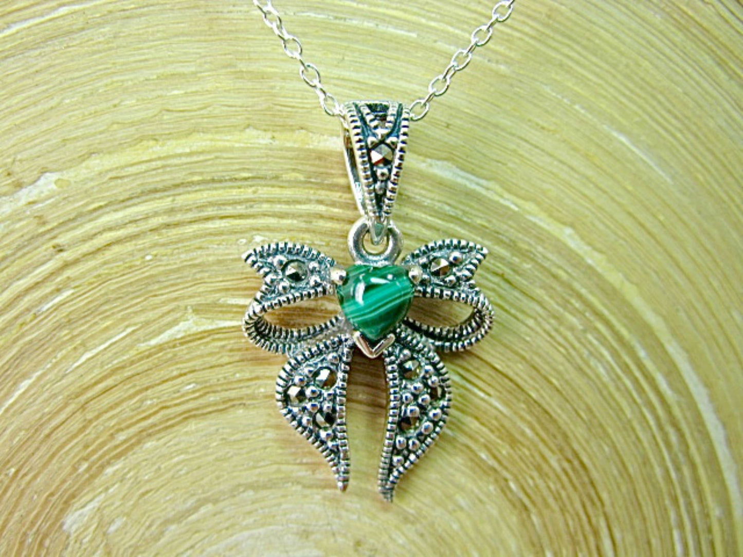 Ribbon Bow Marcasite Malachite 925 Sterling Silver Pendant