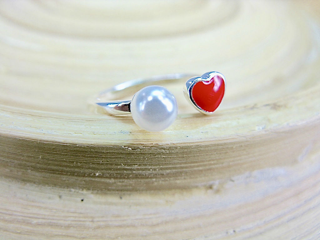 Red Heart Pearl Ring in 925 Sterling Silver