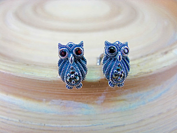 Owl Marcasite 925 Sterling Silver Stud Earrings