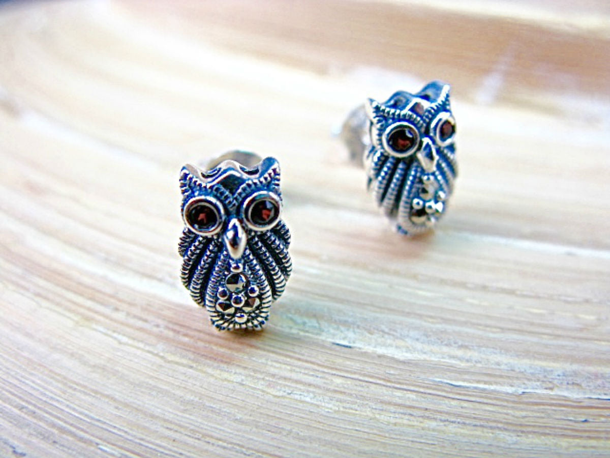 Owl Marcasite 925 Sterling Silver Stud Earrings