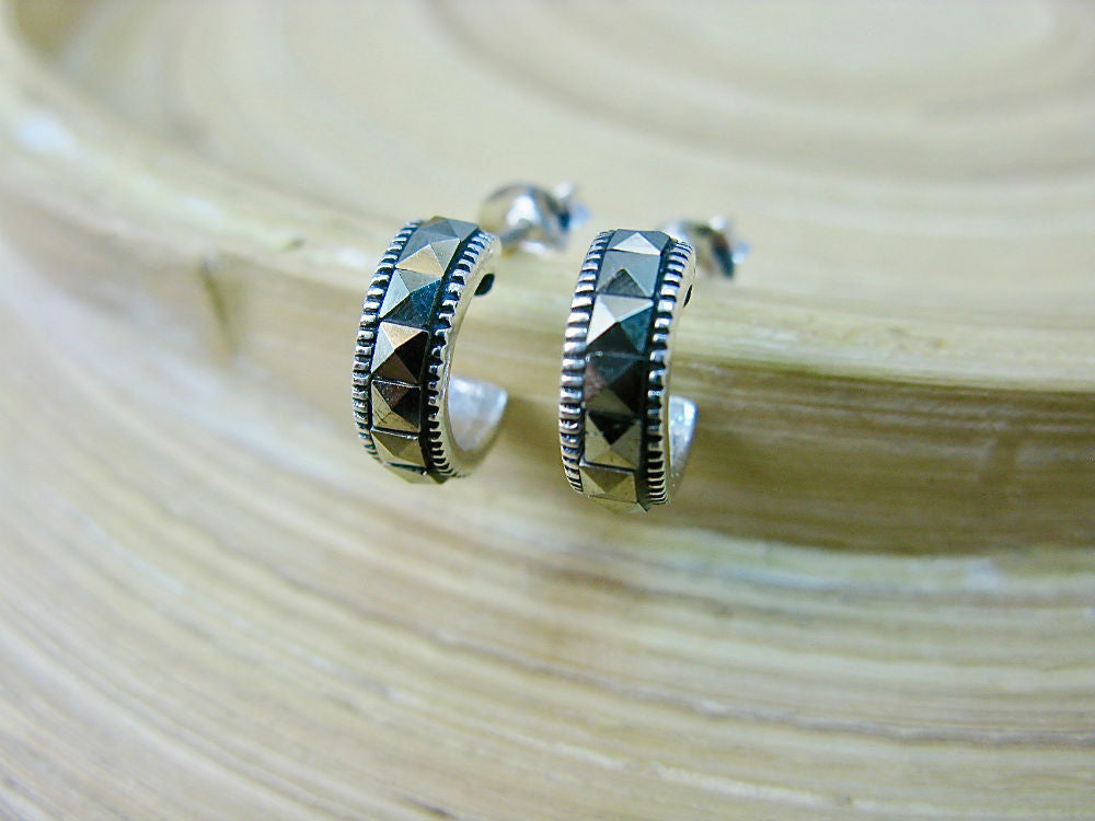 Round Hoop Marcasite 925 Sterling Silver Post Earrings