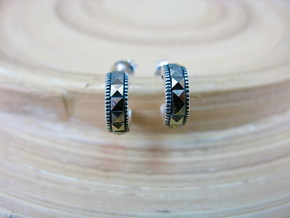 Round Hoop Marcasite 925 Sterling Silver Post Earrings