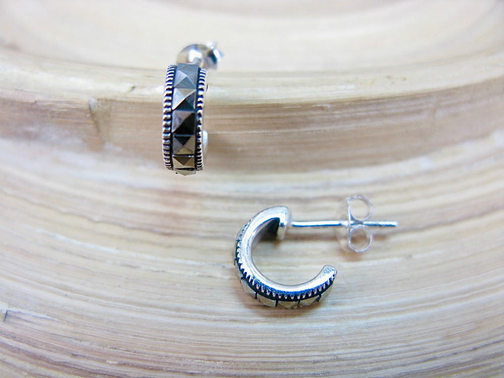 Round Hoop Marcasite 925 Sterling Silver Post Earrings