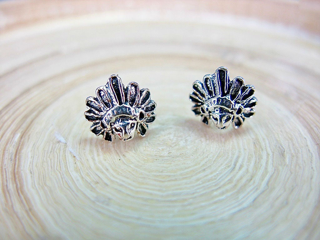 Native American Indian Chief 925 Sterling Silver Stud Earrings