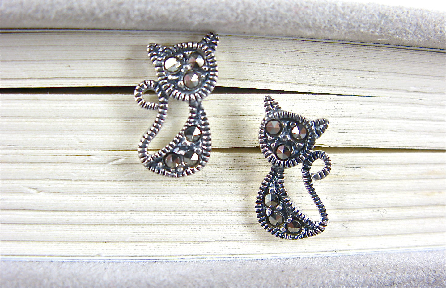 Cat Marcasite Vintage Animal 925 Sterling Silver Stud Earrings Stud Faith Owl - Faith Owl