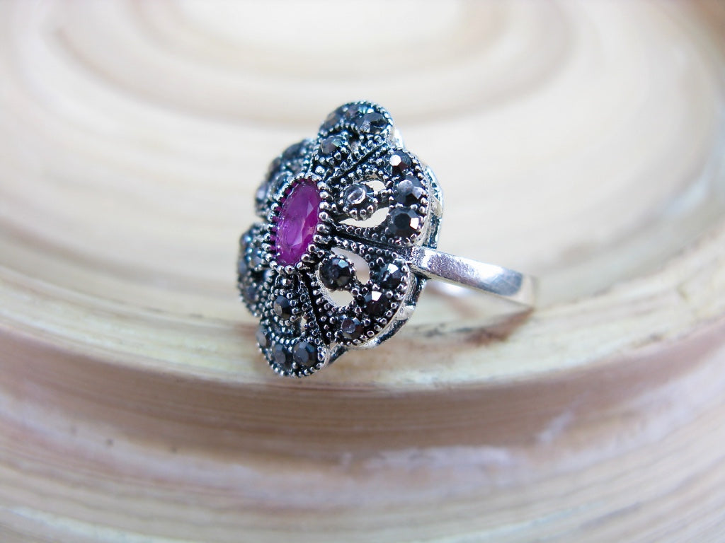 Marcasite Simulated Ruby Filigree 925 Sterling Silver Ring