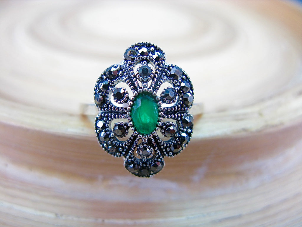 Marcasite Simulated Emerald Filigree 925 Sterling Silver Ring