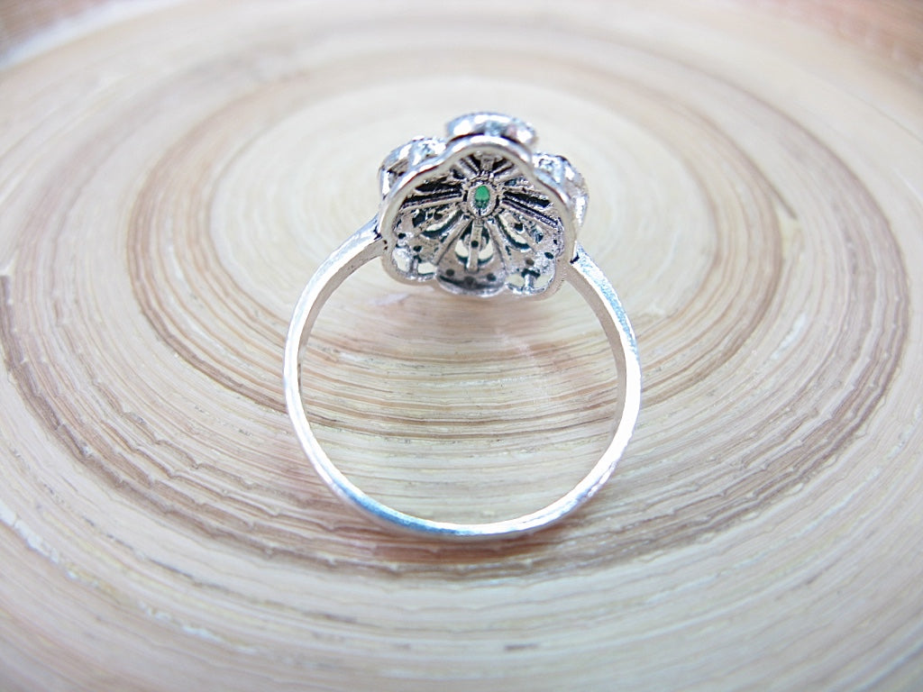 Marcasite Simulated Emerald Filigree 925 Sterling Silver Ring
