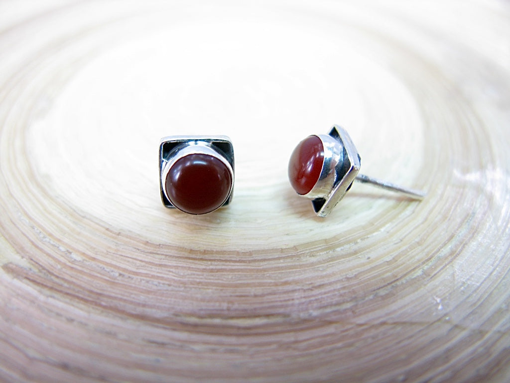 Carnelian 6mm Square Minimalist Stud Earrings in 925 Sterling Silver
