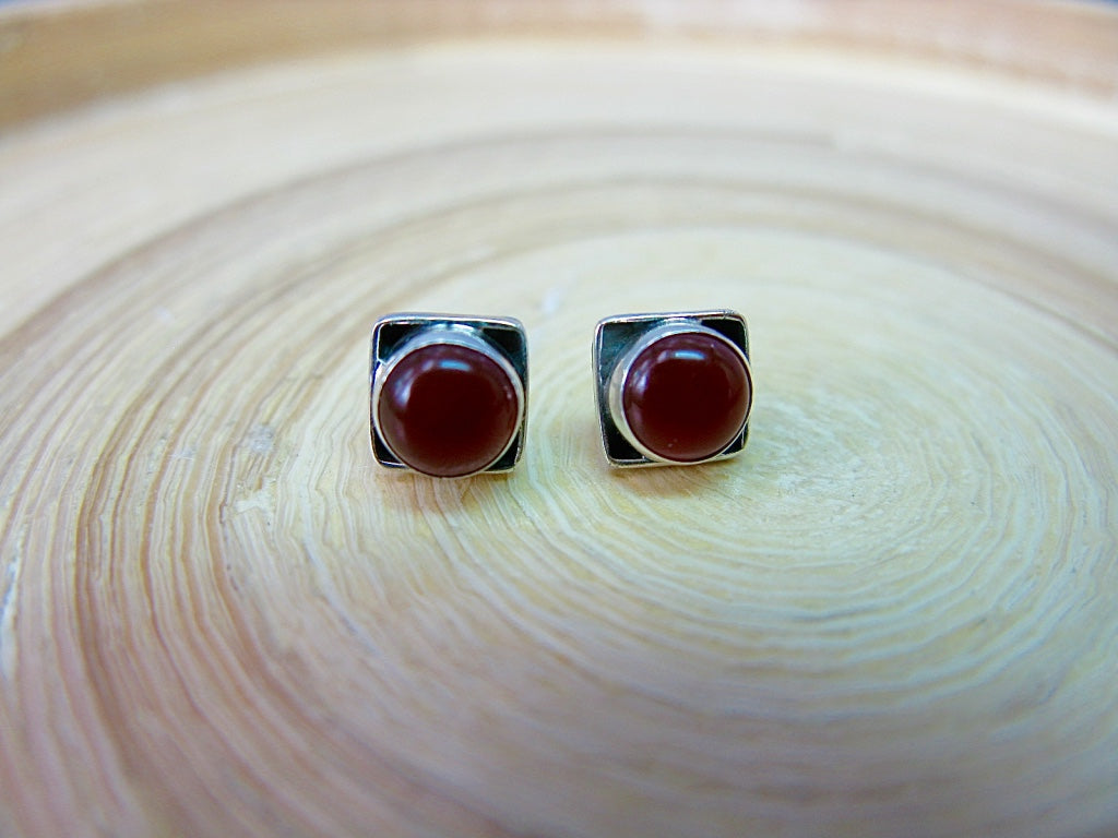 Carnelian 6mm Square Minimalist Stud Earrings in 925 Sterling Silver