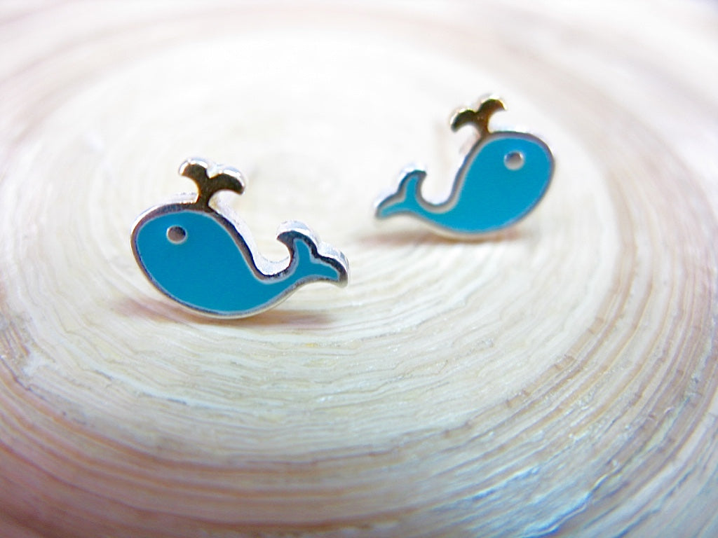 Blue Whale Enamel 925 Sterling Silver Stud Earrings