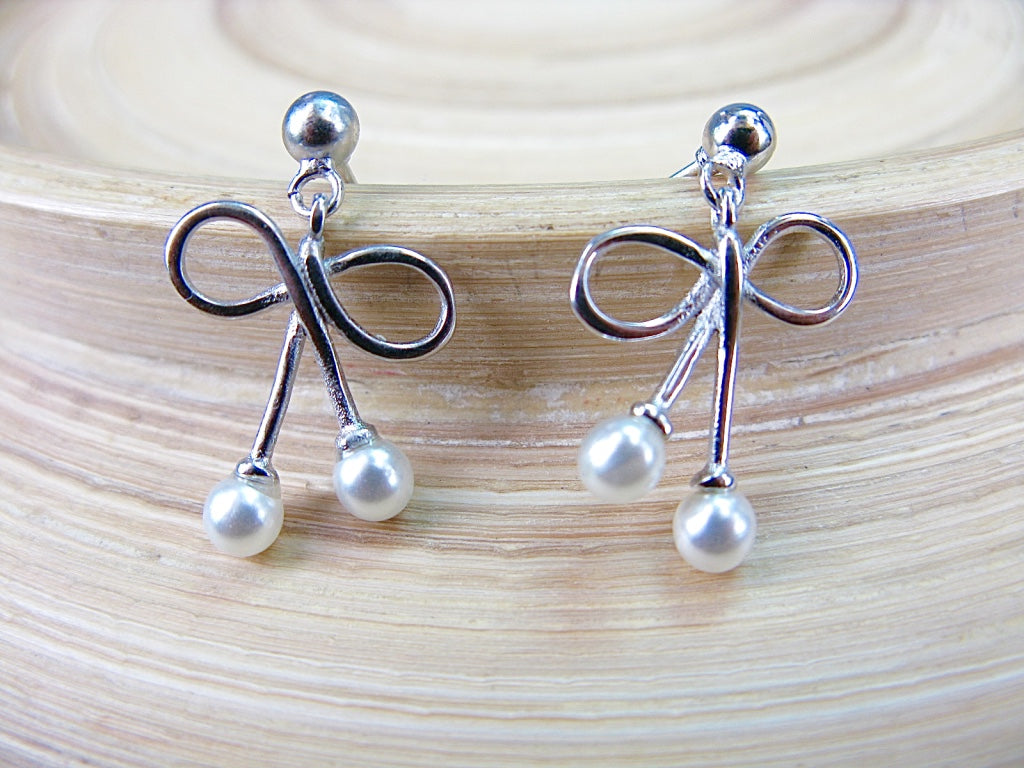 Ribbon Bow Pearl Dangle 925 Sterling Silver Earrings