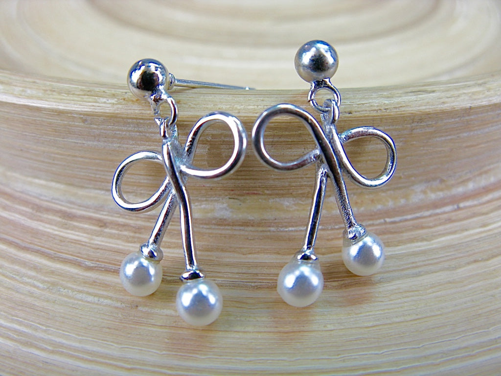 Ribbon Bow Pearl Dangle 925 Sterling Silver Earrings
