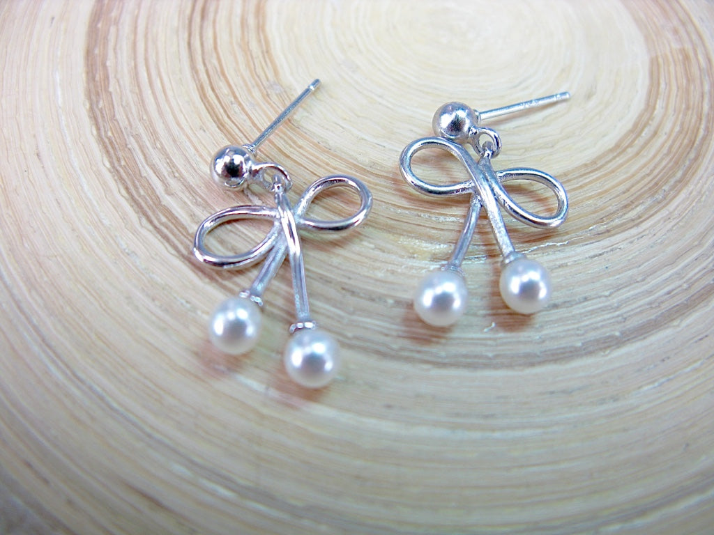 Ribbon Bow Pearl Dangle 925 Sterling Silver Earrings