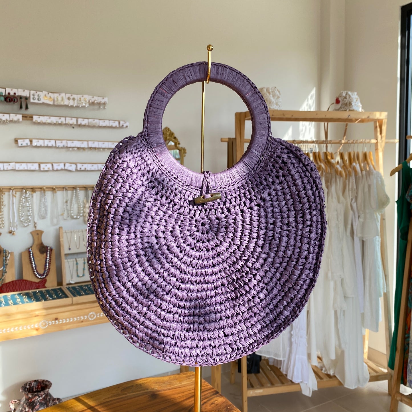 Chic Round Straw Bag | Purple