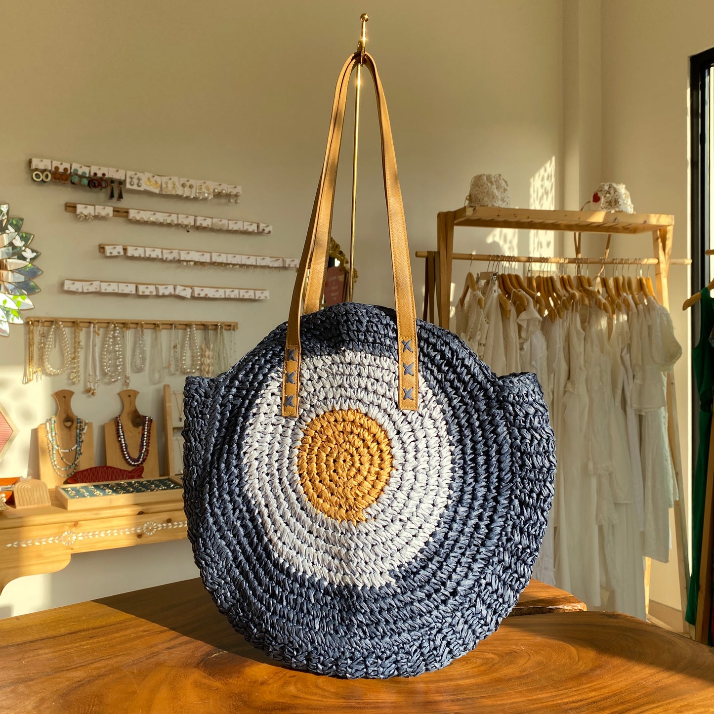 Blue Circle Straw Bag