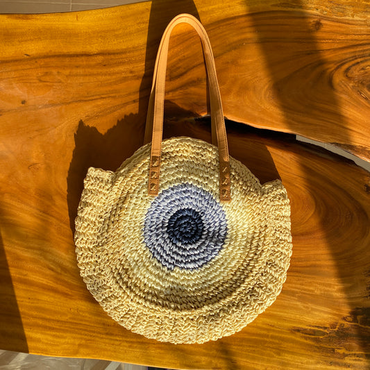 Natural Blue Circle Straw Bag