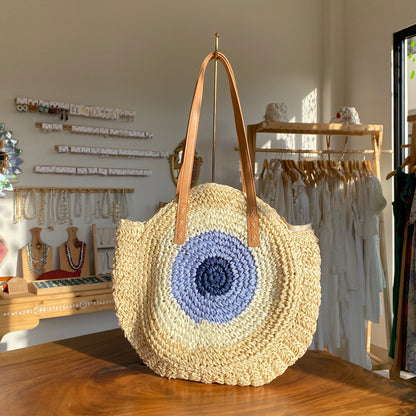 Natural Blue Circle Straw Bag