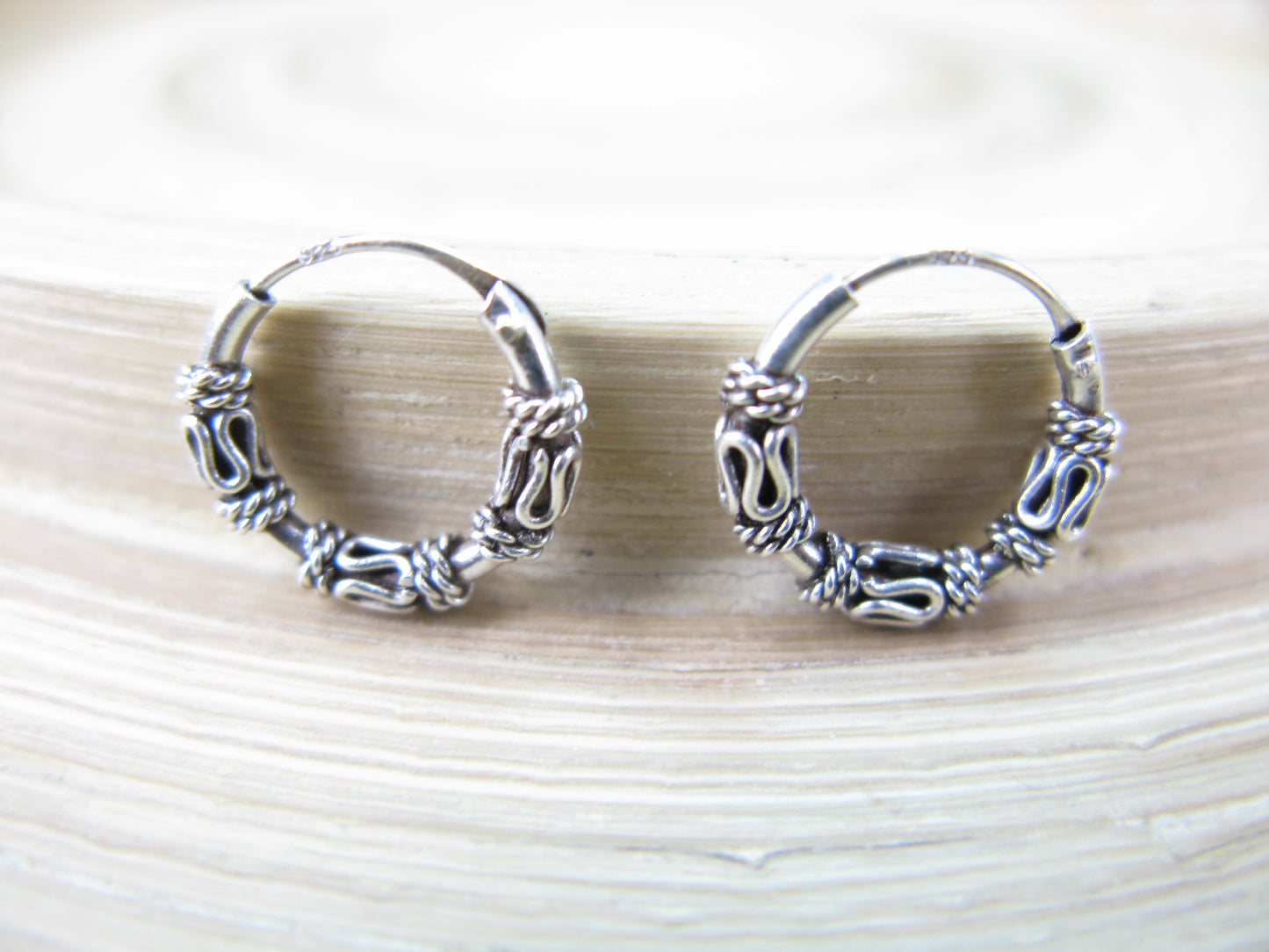 12mm Balinese Oxidized Hoop Earrings in 925 Sterling Silver