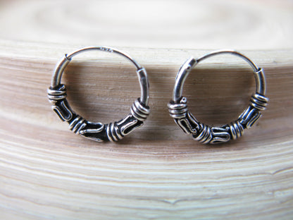 12mm Balinese Oxidized Hoop Earrings in 925 Sterling Silver