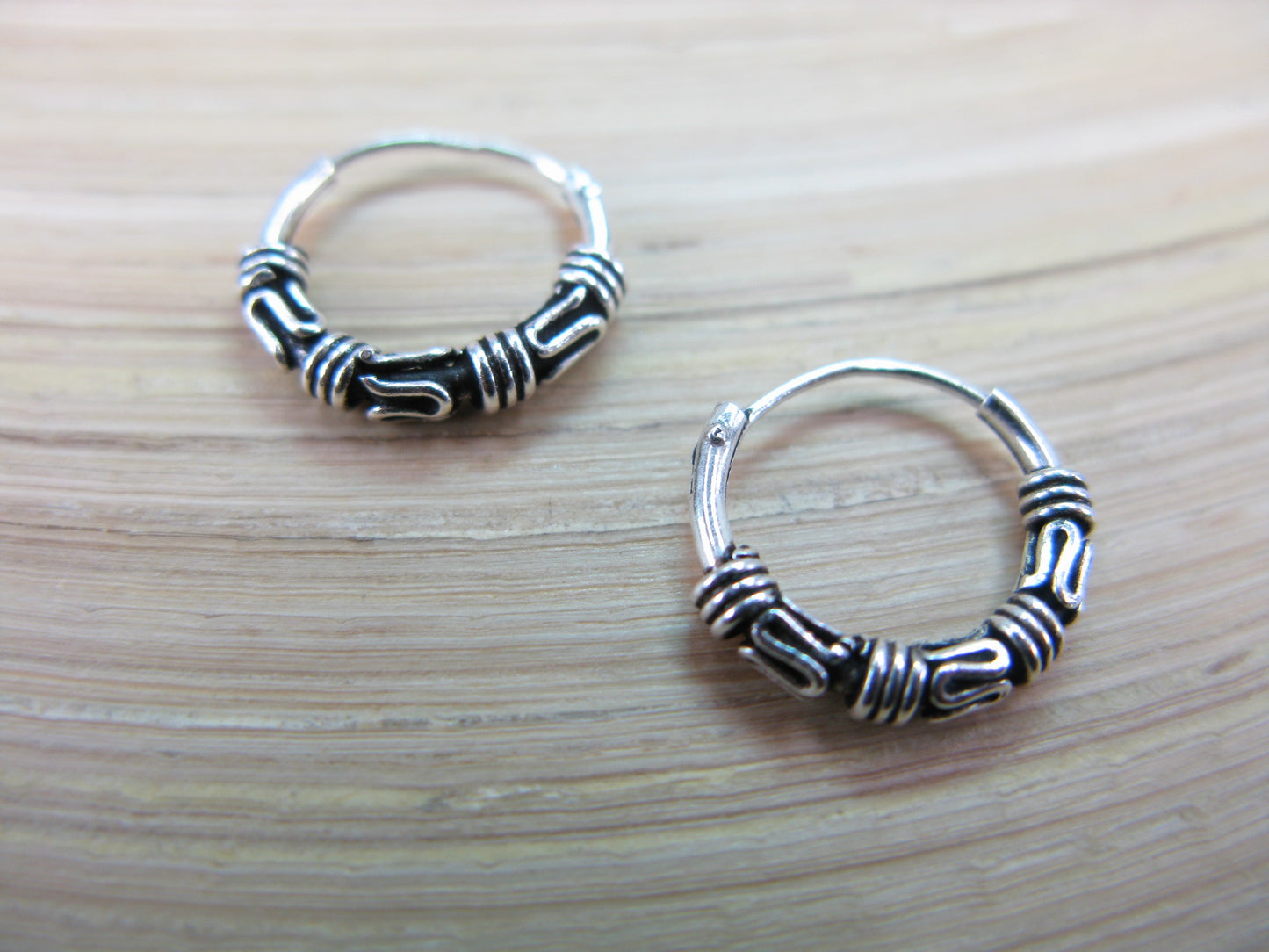 12mm Balinese Oxidized Hoop Earrings in 925 Sterling Silver