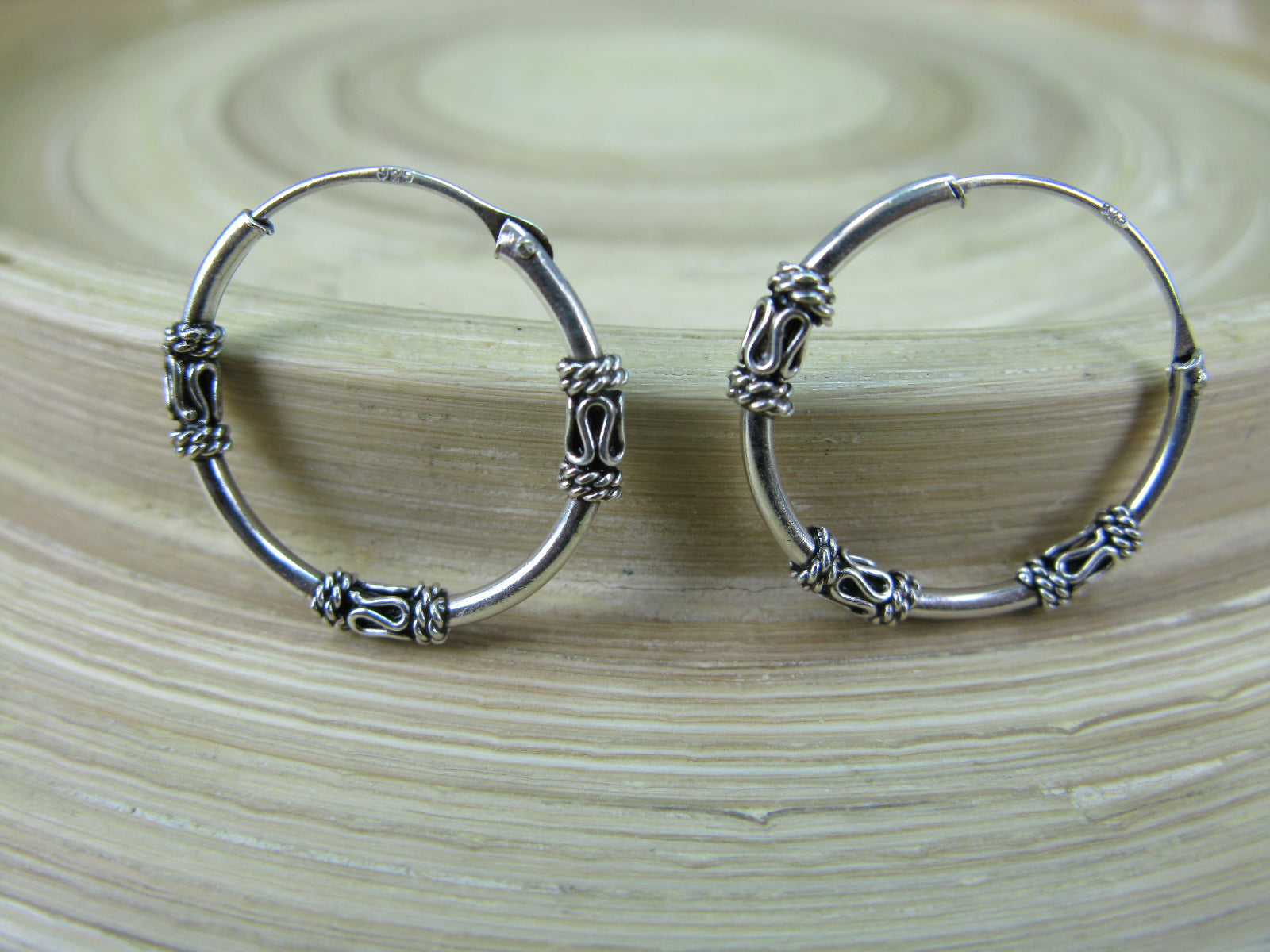18mm Balinese Oxidized Hoop Earrings in 925 Sterling Silver