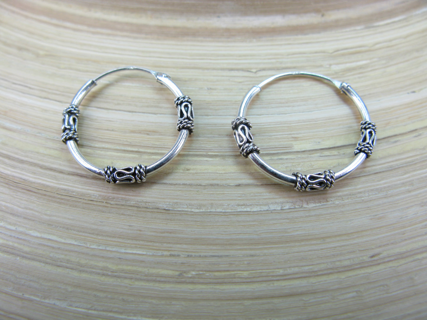 18mm Balinese Oxidized Hoop Earrings in 925 Sterling Silver