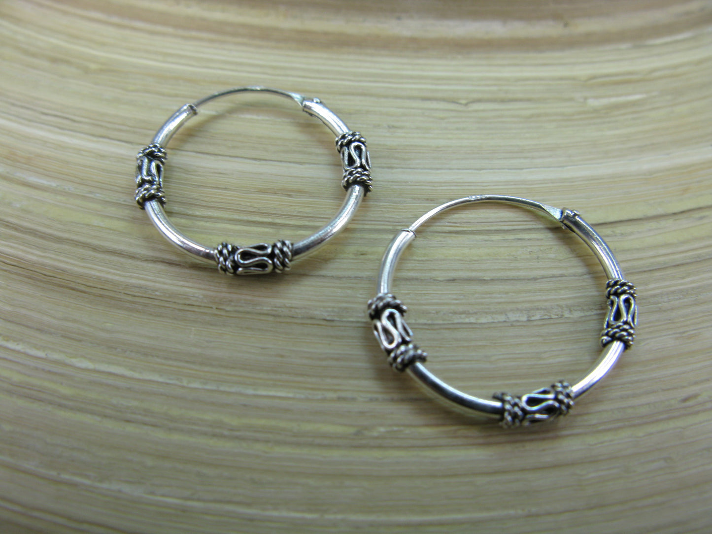 18mm Balinese Oxidized Hoop Earrings in 925 Sterling Silver