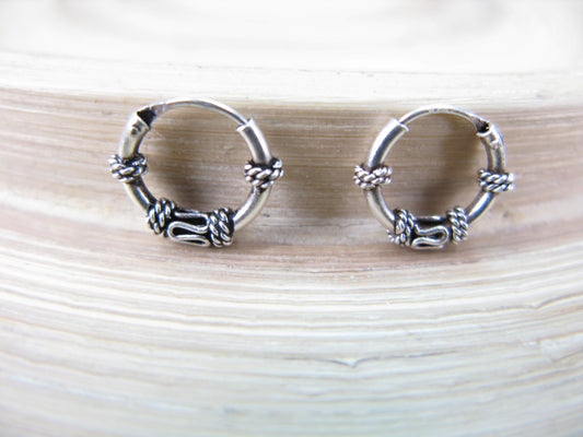 10mm Balinese Oxidized Hoop Earrings in 925 Sterling Silver