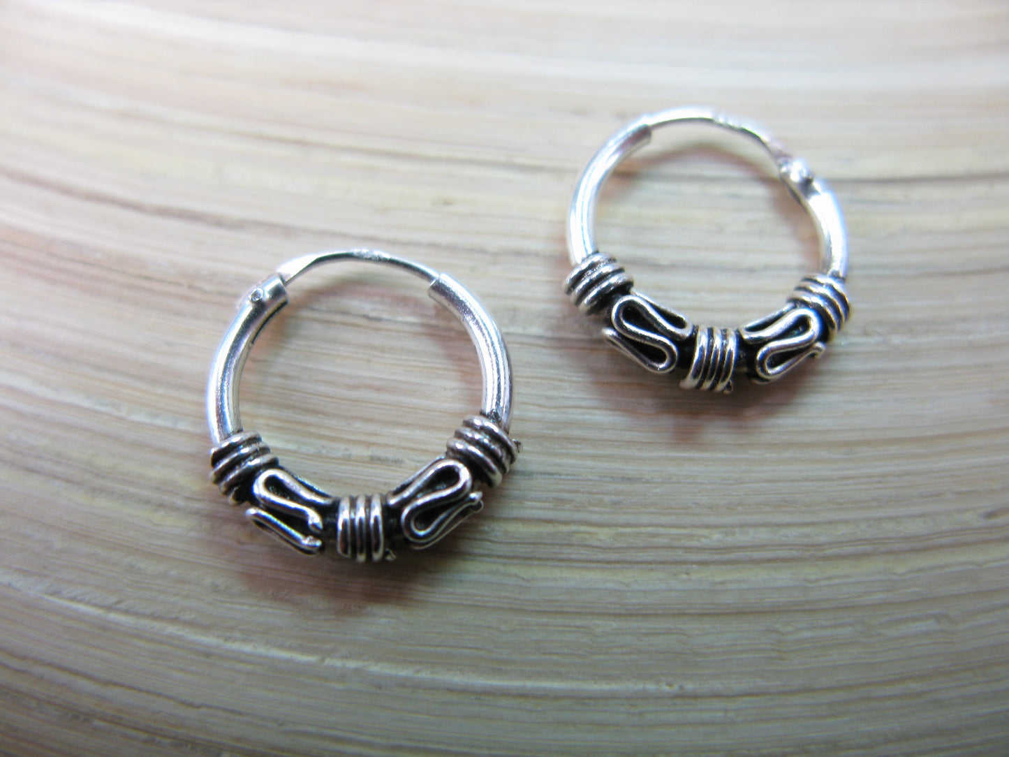 12mm Balinese Oxidized Hoop Earrings in 925 Sterling Silver