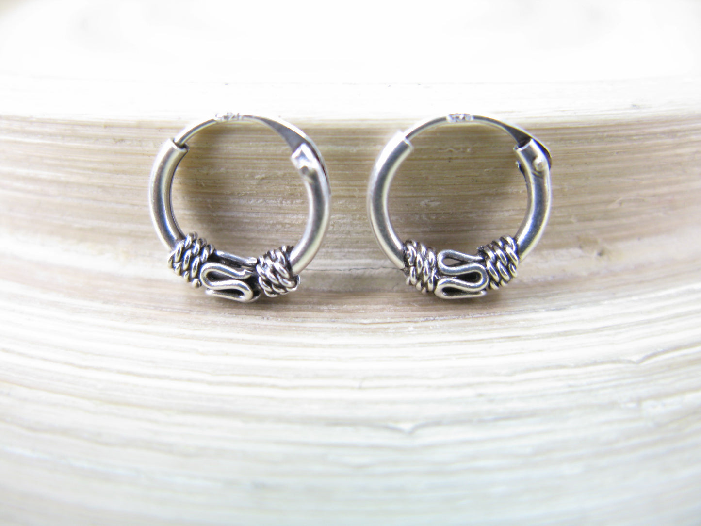 10mm Balinese Oxidized Hoop Earrings in 925 Sterling Silver