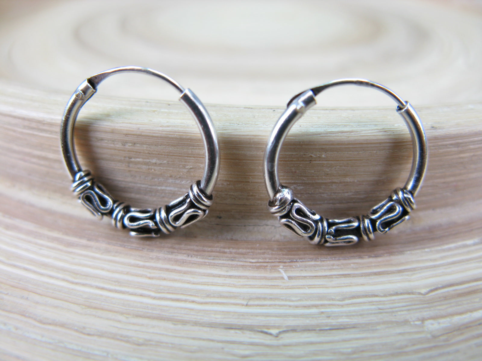 14mm Balinese Oxidized Hoop Earrings in 925 Sterling Silver