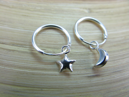 Star Crescent Moon 925 Sterling Silver Hoop Earrings