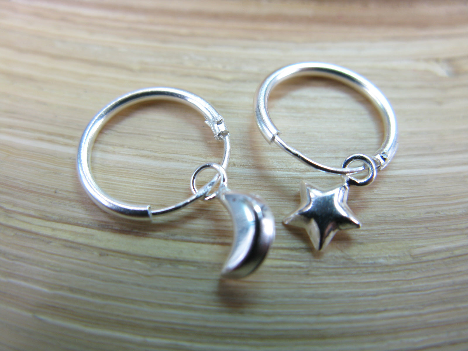 Star Crescent Moon 925 Sterling Silver Hoop Earrings