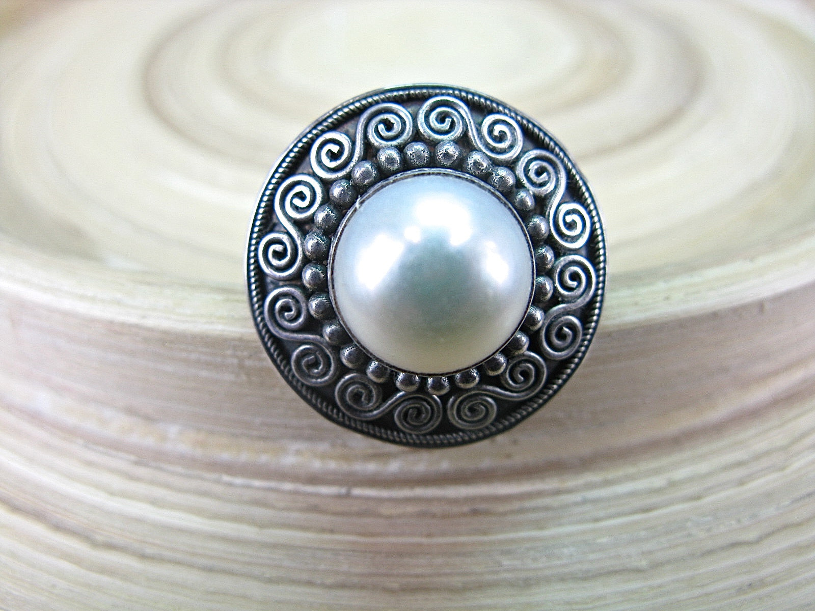 Balinese Pearl Handmade Round Oxidized 925 Sterling Silver Ring Ring - Faith Owl