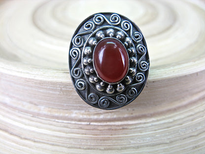 Balinese Carnelian Silver Ring - Oval Shaped Gemstone  925 Sterling Silver Ring - Faith Owl