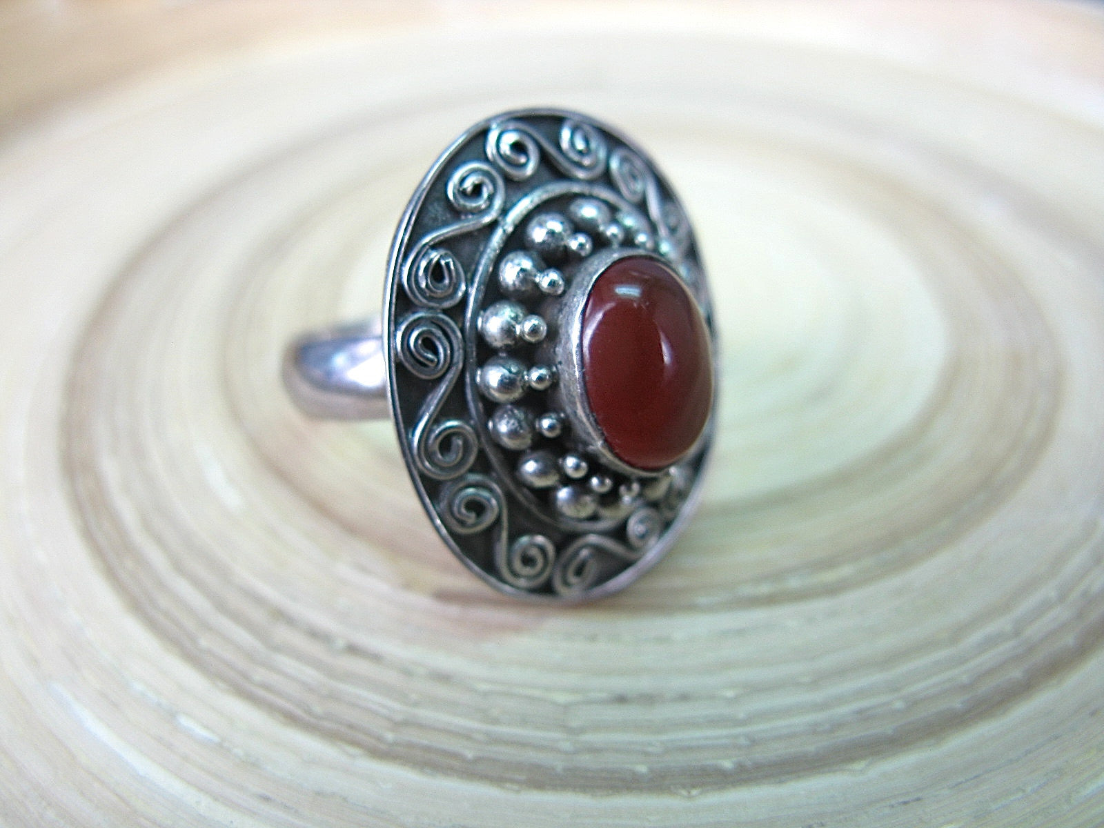 Balinese Carnelian Silver Ring - Oval Shaped Gemstone  925 Sterling Silver Ring - Faith Owl