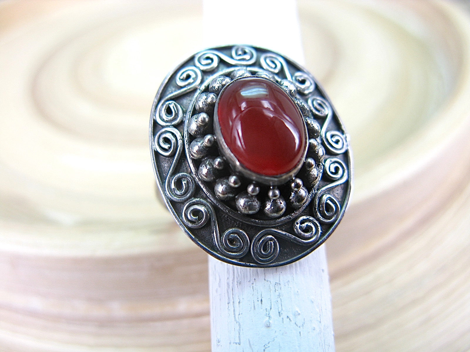 Balinese Carnelian Silver Ring - Oval Shaped Gemstone  925 Sterling Silver Ring - Faith Owl