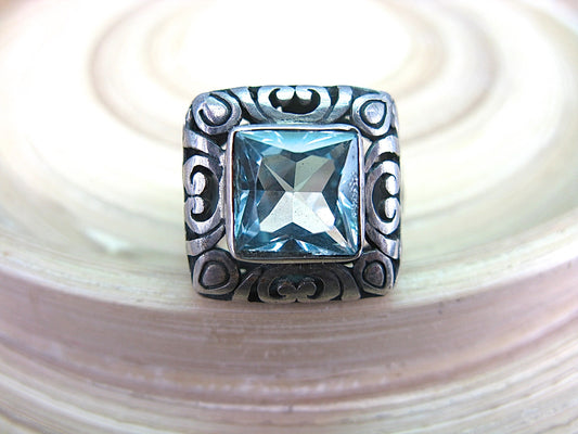 Balinese Blue Topaz Large Filigree Square 925 Sterling Silver Ring Ring - Faith Owl