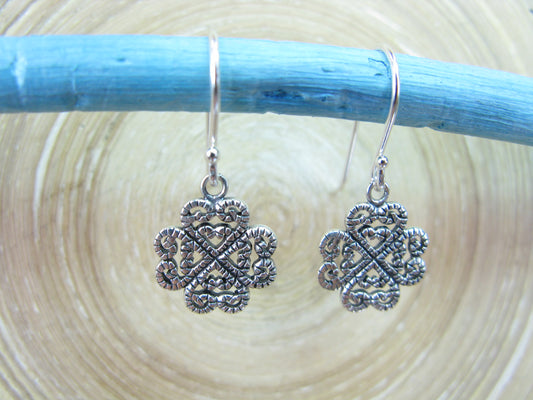 Clover Heart Filigree Lace Dangle Oxidized 925 Sterling Silver Earrings