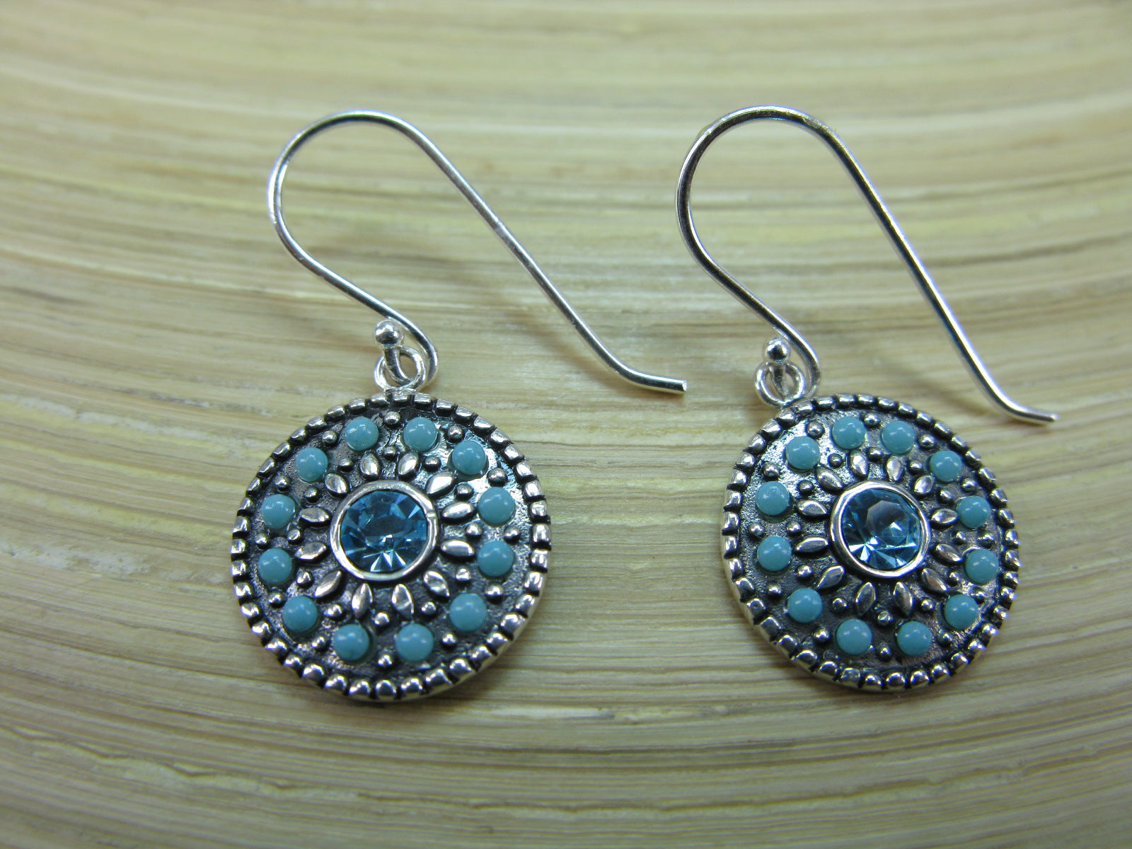 Tribal Mosaic Turquoise Blue Crystal 925 Sterling Silver Earrings