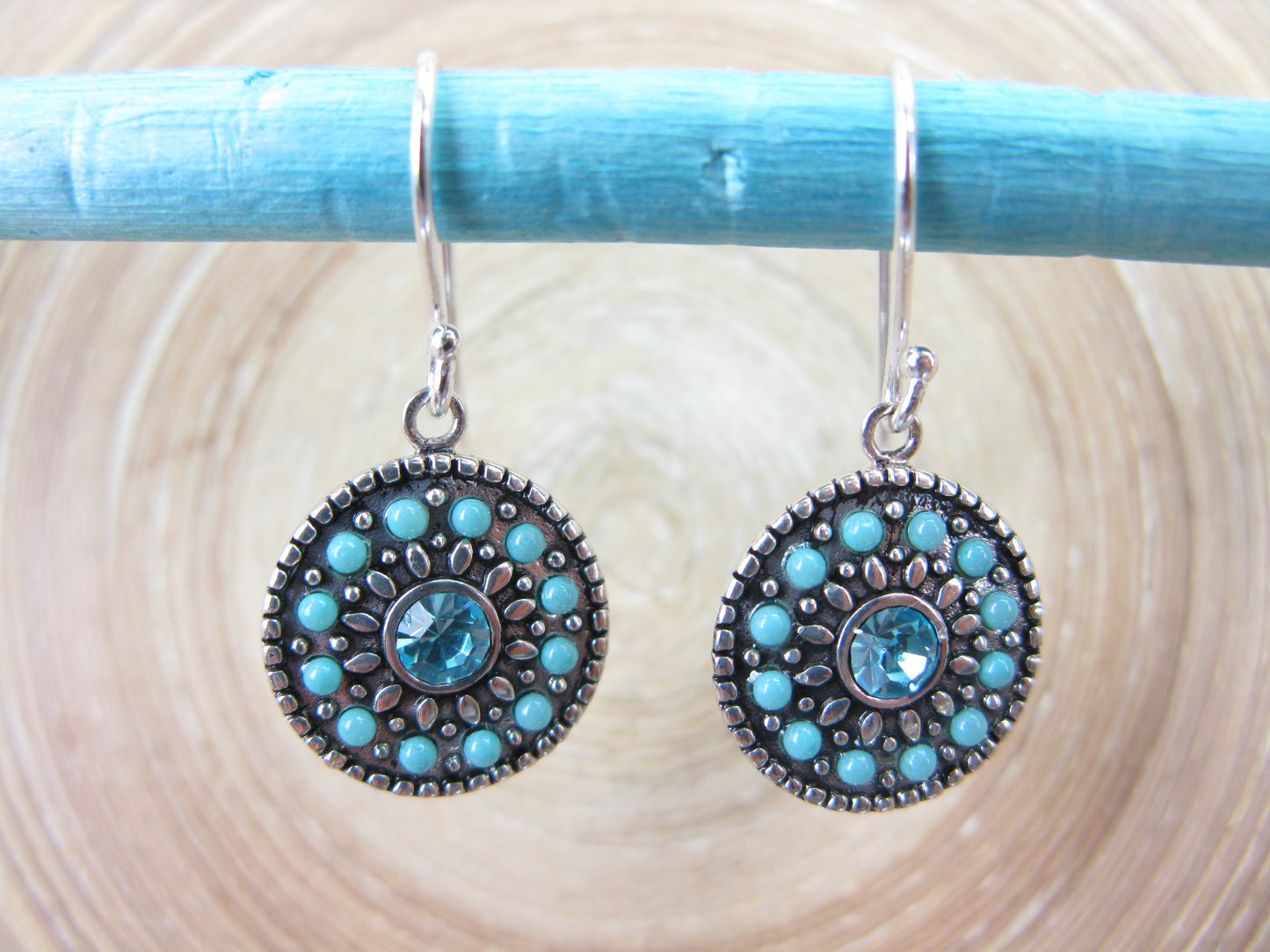 Tribal Mosaic Turquoise Blue Crystal 925 Sterling Silver Earrings